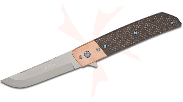 Pohan Leu Custom Hamachi Flipper 3.95 inch S35VN Satin Blade, Lightning Strike Carbon Fiber Handle with Copper Bolster, Zirconium Clip