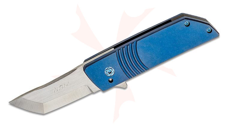 Pohan Leu Custom Mini Hamachi Flipper Knife 2.625 inch S35VN Satin Tanto Blade, Blue Milled Titanium Handles
