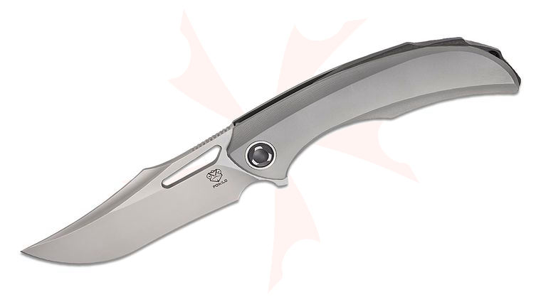 Poikilo Blade Armadillo Standard 1 Frame Lock Flipper Knife 3.5 inch M398 Pearlescent Stonewashed Recurve Harpoon Blade, Gray Titanium Handles