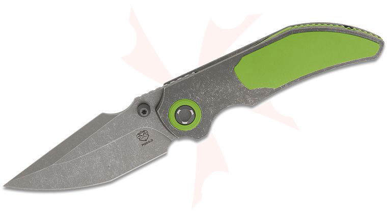 Poikilo Blade CK-Casque Standard 1 Front Flipper Knife 3.3 inch M398 Dark Stonewashed Tanto Blade, Dark Stonewashed Titanium Handles with Green One-Piece Titanium Inlay