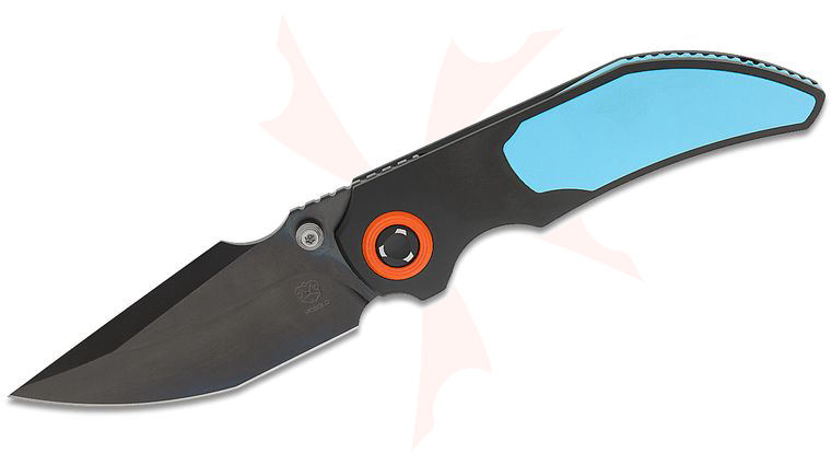 Poikilo Blade CK-Casque Standard 1 Front Flipper Knife 3.3 inch M398 Black DLC Tanto Blade, Black Titanium Handles with Teal One-Piece Titanium Inlay