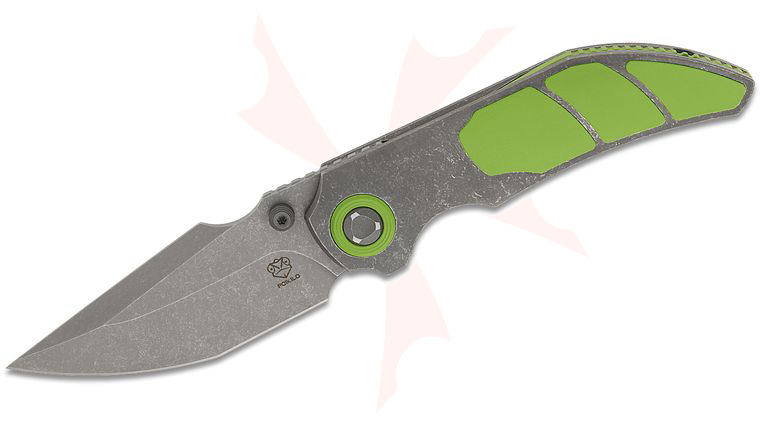 Poikilo Blade CK-Casque Standard 1 Front Flipper Knife 3.3 inch M398 Dark Stonewashed Tanto Blade, Dark Stonewashed Titanium Handles with Green Three-Piece Titanium Inlay