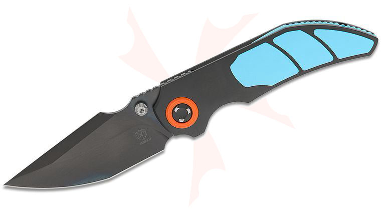 Poikilo Blade CK-Casque Standard 1 Front Flipper Knife 3.3 inch M398 Black DLC Tanto Blade, Black Titanium Handles with Teal Three-Piece Titanium Inlay