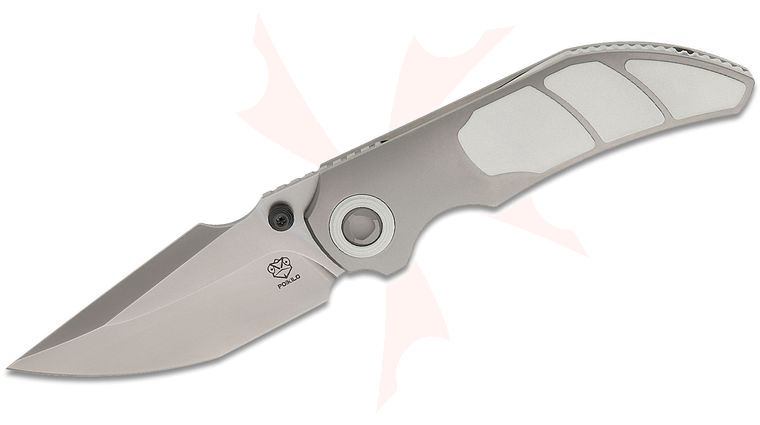Poikilo Blade CK-Casque Standard 1 Front Flipper Knife 3.3 inch M398 Pearlescent Stonewashed Tanto Blade, Pearlescent Stonewashed Titanium Handles with White Three-Piece Titanium Inlay
