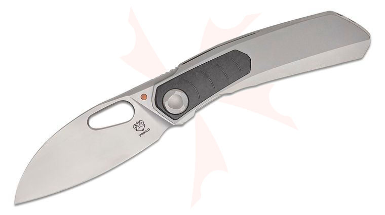 Poikilo Blade VK Crab Standard 1 Front Flipper Knife 3.5 inch M398 Pearlescent Stonewashed Sheepsfoot Blade, Gray/Black Titanium Handles