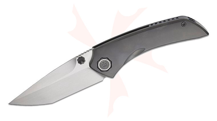 Poikilo Blade Tuna Midtech Folding Knife 3.63 inch M398 Hand Rubbed Satin Tanto Blade, Black DLC Titanium Handles, ZircuTi Pocket Clip