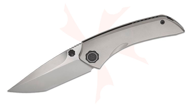Poikilo Blade Tuna Standard 1 Folding Knife 3.63 inch M398 Pearlescent Stonewashed Tanto Blade, Gray Titanium Handles
