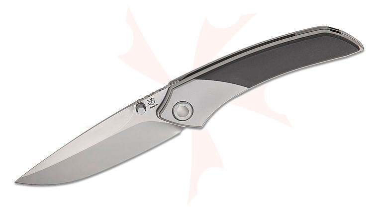 Poikilo Blade Tuna Mini Standard 1 Front Flipper Knife 3.38 inch M398 Pearlescent Stonewashed Drop Point Blade, Gray/Black Titanium Handles