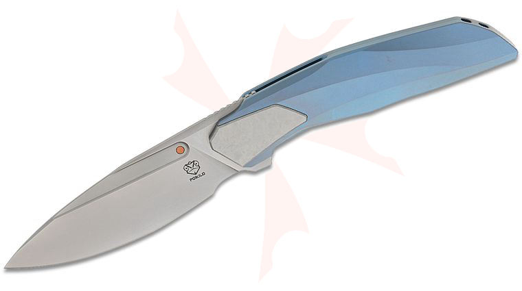 Poikilo Blade VK-Flow Standard 1 Frame Lock Front Flipper Knife 3.53 inch M398 Pearlescent Stonewashed Drop Point Blade, Blue Anodized Titanium Handles, Crystallized Titanium Inlays