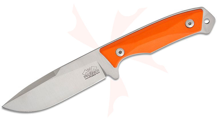 Prandi Cortel Bushcraft Fixed Blade Knife 4.25 inch 420MoV Classic Satin Drop Point Blade, Orange G10 Handles, Leather Belt Sheath 