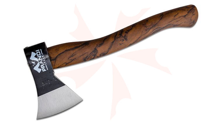 Prandi 14.25 inch German Style Throwing Hatchet, Satin Carbon Steel Head, American Hickory Handle with Briar Wood Design