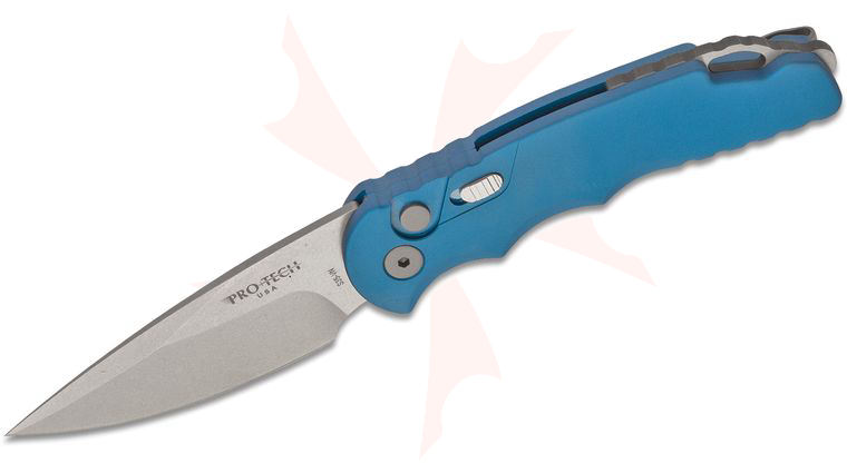 Pro-Tech TR-5 AUTO Folding Knife 3.25 inch S35VN Stonewashed Plain Blade, Blue Aluminum Handles