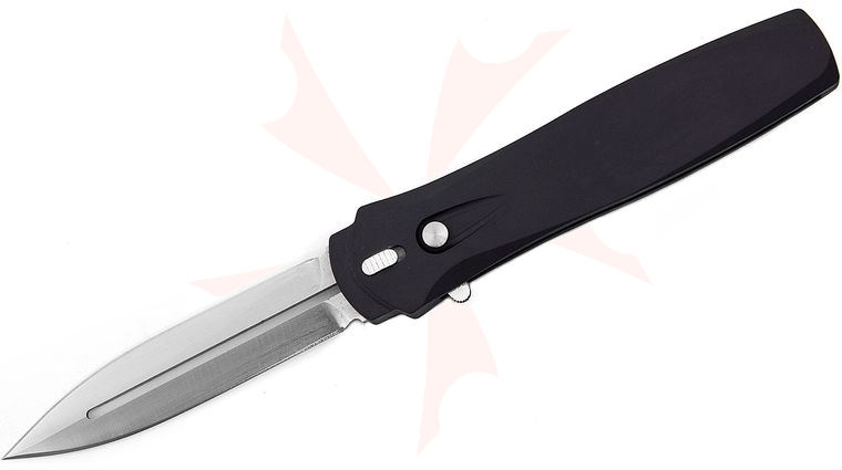 Pro-Tech 3201 Dark Angel OTF AUTO Folding Knife 3.75 inch Double Edge 154CM Satin Blade, Black Aluminum Handles, Nylon Pouch