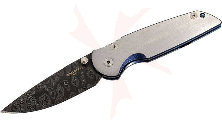 Pro-Tech 7721DAM TR-3 Integrity Folding 3.5 inch Damascus Plain Blade, Blue Accented Titanium Handles