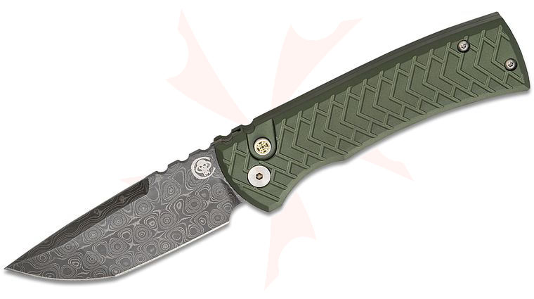 Pro-Tech Chaves CCKS 2026 Special Redencion 229 AUTO Folding Knife 3.375 inch VF Raindrop Damascus Tanto Blade, Green Tread Textured Aluminum Handles, Mosaic Pin Button