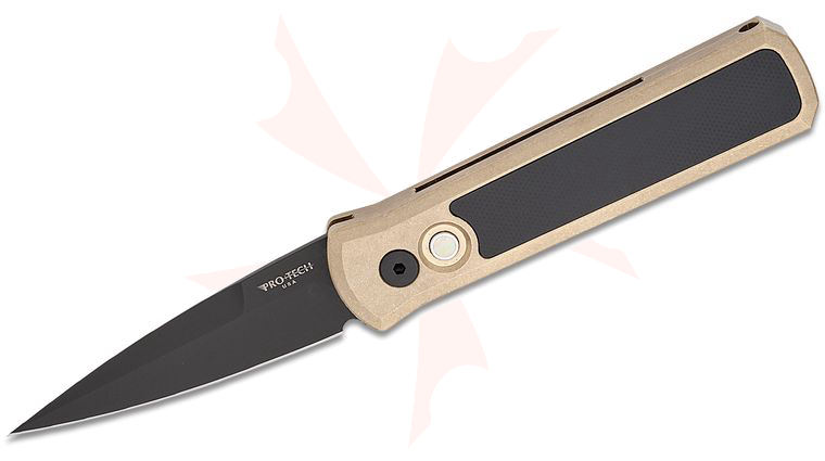 Pro-Tech Custom Godson AUTO Folding Knife 3.15 inch 154CM Black DLC Blade, AlBronze Stonewashed Aluminum Bronze Handles with Black G10 Inlay, Pearl Button