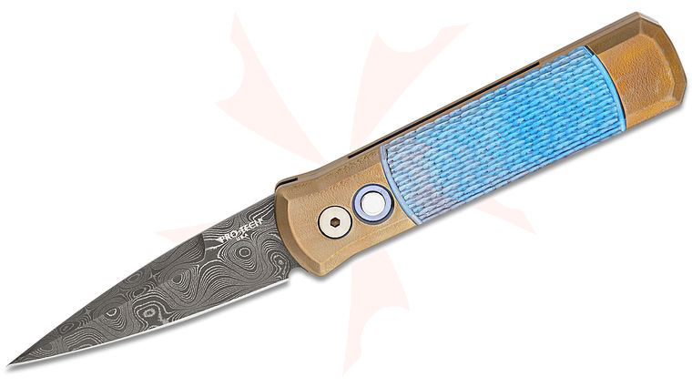 Pro-Tech Custom Godson AUTO Folding Knife 3.15 inch Nichols Raindrop Damascus Blade, Blue Jigged Titanium Handles with Bronze Orange Peel Bolsters, Gold Pearl Button