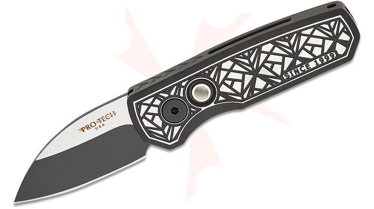 Pro-Tech Custom Runt 5 AUTO Folding Knife 1.94 inch CPM-20CV Black DLC Two-Tone Wharncliffe Blade, 'Since 1999' Nexus Textured 17-4 Stainless Steel Handles, Black Lip Pearl Button