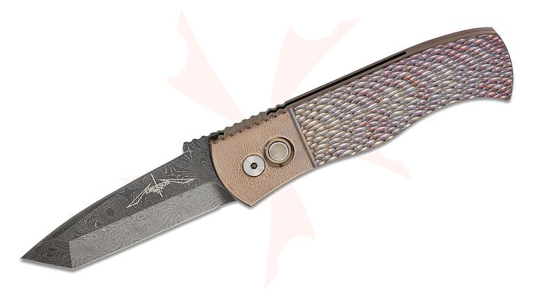 Pro-Tech Custom Emerson CQC7 AUTO Folding Knife 3.25 inch Nichols Stainless Damascus Tanto Blade, Burnt Bronze Jigged Titanium Handles, Black Lip Pearl Button