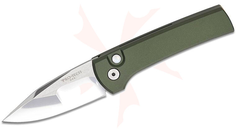 Pro-Tech Custom Chavez Scapegoat Compact AUTO Folding Knife 2.95 inch 154CM Hand Ground Mirror Polished Mike Irie Clip Point Blade, Green Aluminum Handles, Black Lip Pearl Button