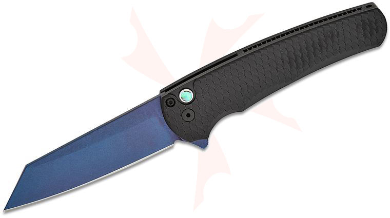Pro-Tech 5236 Malibu Manual Flipper Knife 3.30 inch CPM-20CV Sapphire Blue DLC Reverse Tanto Blade, Black Dragon Scale Textured Aluminum Handles, Abalone Button