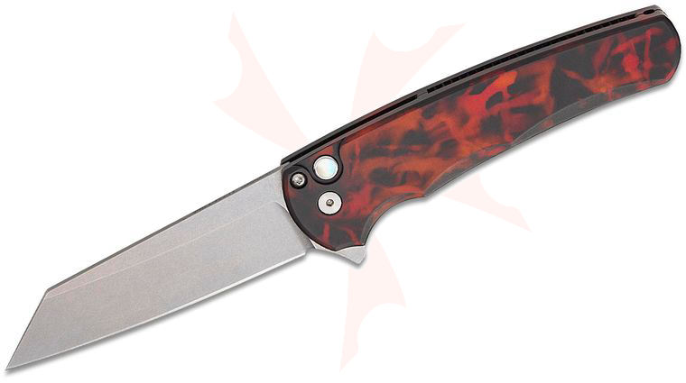 Pro-Tech 5401 Malibu Button Lock Manual Flipper Knife 3.3 inch CPM-MagnaCut Stonewashed Reverse Tanto Blade, Custom Anodize  inchDel Fuego inch Aluminum Handles, Black Lip Pearl Button