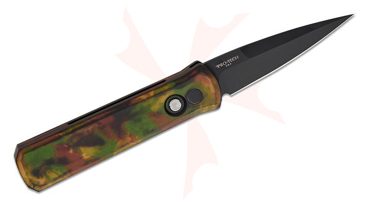 Pro-Tech 721-LH Left Handed Godson AUTO Folding Knife 3.15 inch 154CM Black DLC Plain Blade, Custom Anodize  inchWoodland Camo inch Aluminum Handles, Black Lip Pearl Button