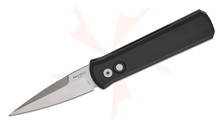 Pro-Tech 721 Godson AUTO Folding Knife 3.15 inch CPM-20CV Satin Plain Blade, Black Aluminum Handles, Mother of Pearl Button