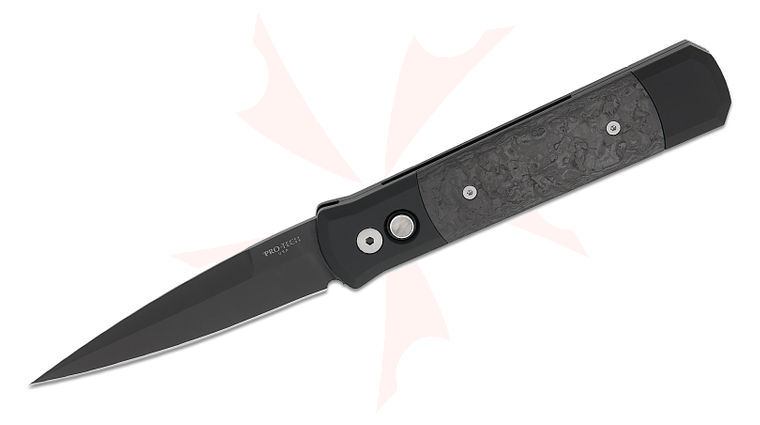 Pro-Tech 905 Limited Godfather AUTO Folding Knife 4 inch 154CM Black DLC Plain Blade, Black Aluminum Handles with TechnoCarbo Black Inlays, Black Lip Pearl Button