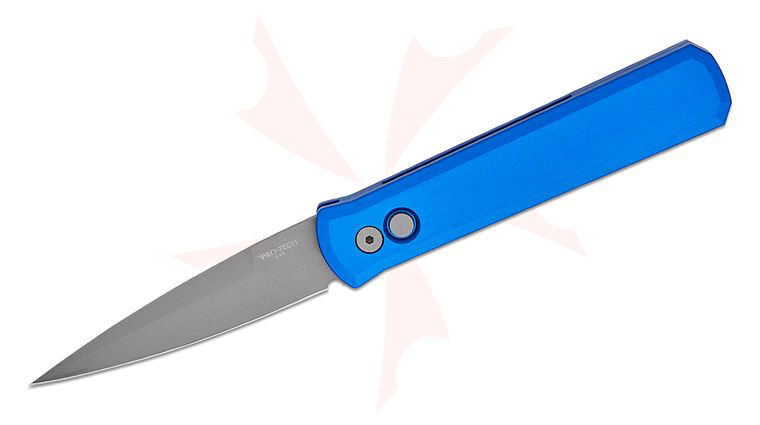 Pro-Tech 920 Godfather AUTO Folding Knife 4 inch Bead Blasted Plain Blade, Blue Aluminum Handles