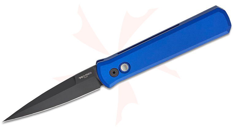 Pro-Tech 921 Limited Godfather AUTO Folding Knife 4 inch 154CM Black DLC Plain Blade, Blue Aluminum Handles, Black Lip Pearl Button