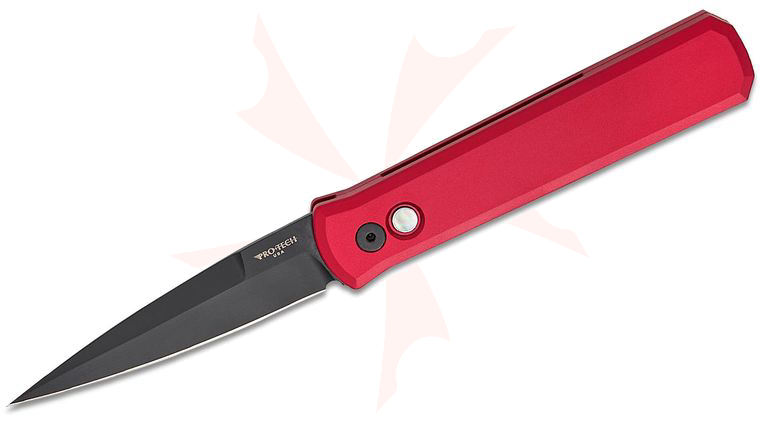 Pro-Tech 921 Limited Godfather AUTO Folding Knife 4 inch 154CM Black DLC Plain Blade, Red Aluminum Handles, Black Lip Pearl Button