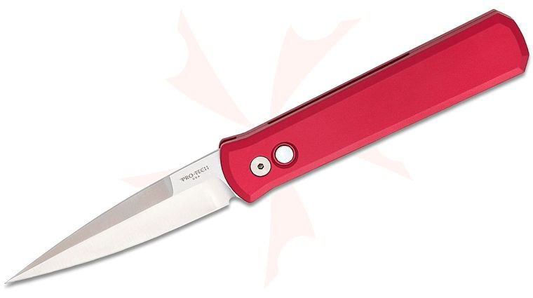 Pro-Tech 921 Godfather AUTO Folding Knife 4 inch 154CM Satin Plain Blade, Red Aluminum Handles, Mother of Pearl Button
