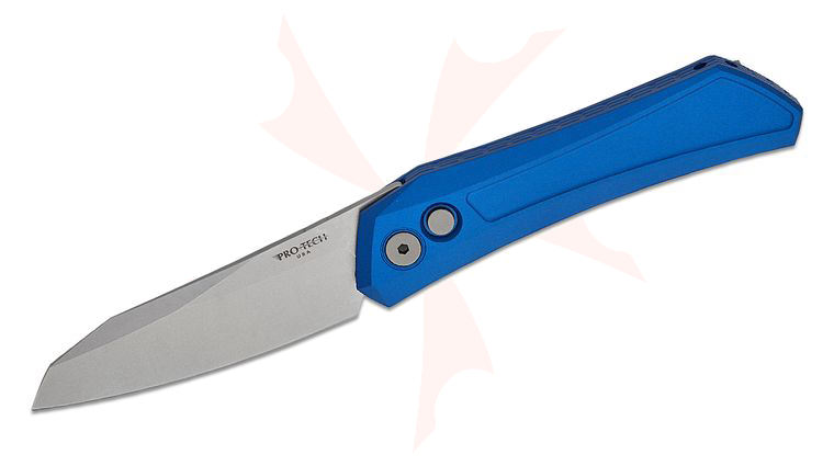 Pro-Tech Dmitry Sinkevich Oligarch AUTO Folding Knife 3.25 inch CPM-MagnaCut Stonewashed Modified Wharncliffe Blade, Blue Aluminum Handles