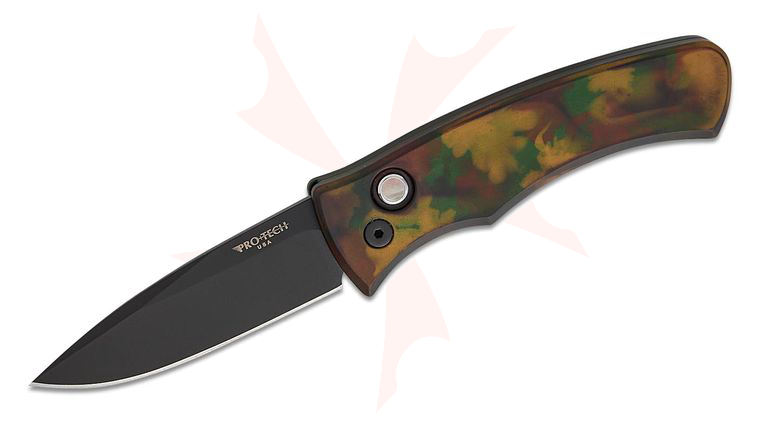 Pro-Tech Duke 2 AUTO Folding Knife 2.625 inch CPM-MagnaCut Black DLC Drop Point Blade, Custom Anodize  inchWoodland Camo inch Aluminum Handles, Black Lip Pearl Button