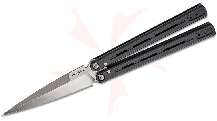 Pro-Tech FF2101 FlyFather 2 Balisong Butterfly Knife 4 inch 154CM Satin Spear Point Blade, Black Channel Milled Aluminum Handles, 4-Position Clip