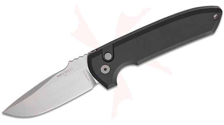Pro-Tech LG3101 Les George Rockeye AUTO Folding Knife 3.375 inch MagnaCut Stonewashed Drop Point Blade, Black Aluminum Handles