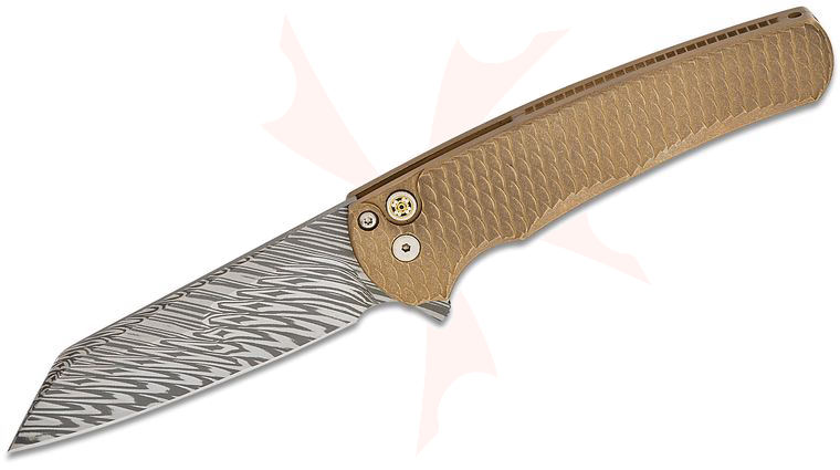 Pro-Tech Custom Show Malibu Manual Flipper Knife 3.30 inch Fafnir Damasteel Mike Irie Mirror Compound Reverse Tanto Blade, Dragon Scale AlBronze Distressed Aluminum Bronze Handles, Mosaic Button