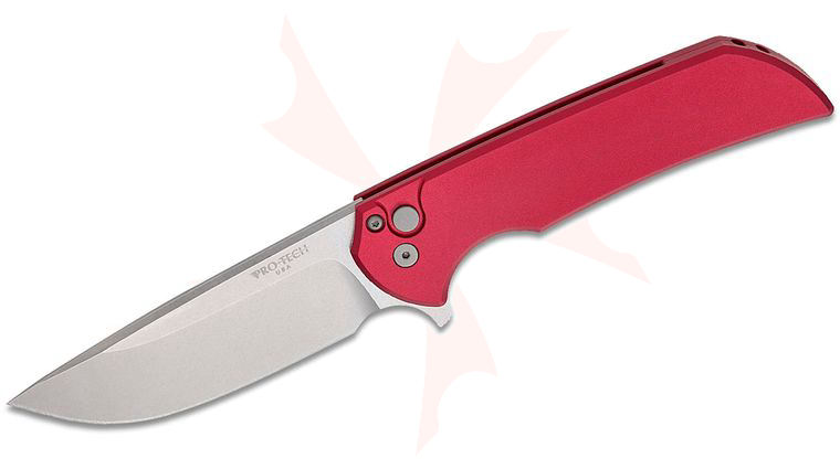 Pro-Tech/Ferrum Forge Mordax Manual Flipper Knife 3.75 inch CPM-20CV Stonewashed Drop Point Blade, Red Aluminum Handles