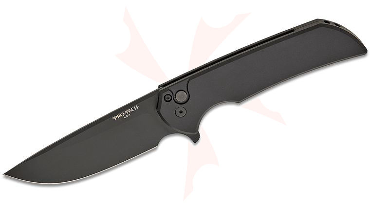 Pro-Tech/Ferrum Forge Mordax Manual Button Lock Flipper Knife 3.75 inch CPM-MagnaCut Black DLC Drop Point Blade, Black Aluminum Handles
