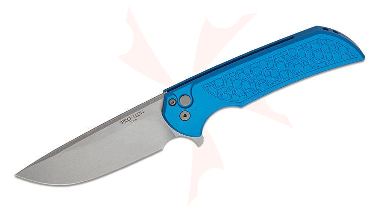 Pro-Tech/Ferrum Forge Mordax Manual Flipper Knife 3.75 inch CPM-MagnaCut Stonewashed Drop Point Blade, Blue Gridlock Textured Aluminum Handles