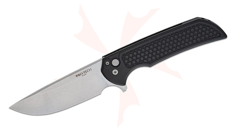 Pro-Tech/Ferrum Forge Mordax Manual Flipper Knife 3.75 inch CPM-MagnaCut Stonewashed Drop Point Blade, Black Honeycomb Textured Aluminum Handles