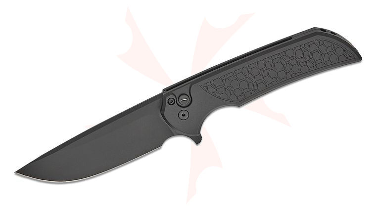Pro-Tech/Ferrum Forge Mordax Operator Manual Flipper Knife 3.75 inch CPM-MagnaCut Sterile Black DLC Drop Point Blade, Black Gridlock Textured Aluminum Handles, Tritium Button