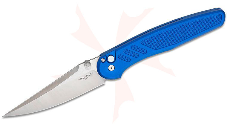 Pro-Tech Limited Peace Neighbor Shawn Ashmore Avalon Button Lock Folding Knife 3.875 inch MagnaCut Machine Satin Drop Point Blade, Knurled Blue Aluminum Handles, White Pearl Button