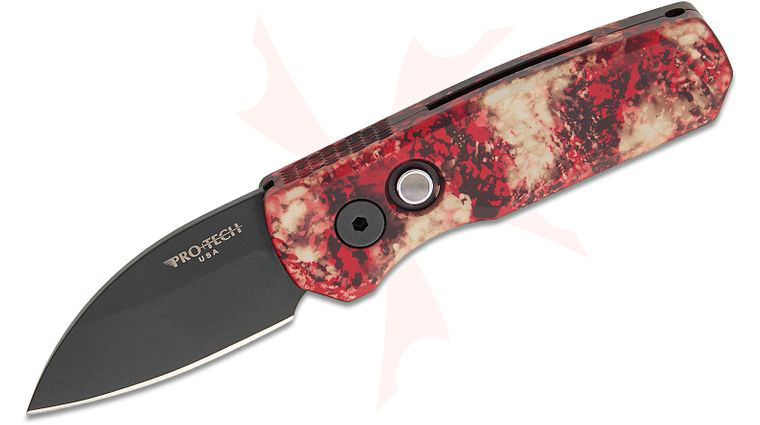 Pro-Tech R5303 Runt 5 AUTO Folding Knife 1.94 inch CPM-MagnaCut Black DLC Wharncliffe Blade, Custom  inchCrimson Tiger Camo inch Anodized Aluminum Handles, Black Lip Pearl Button