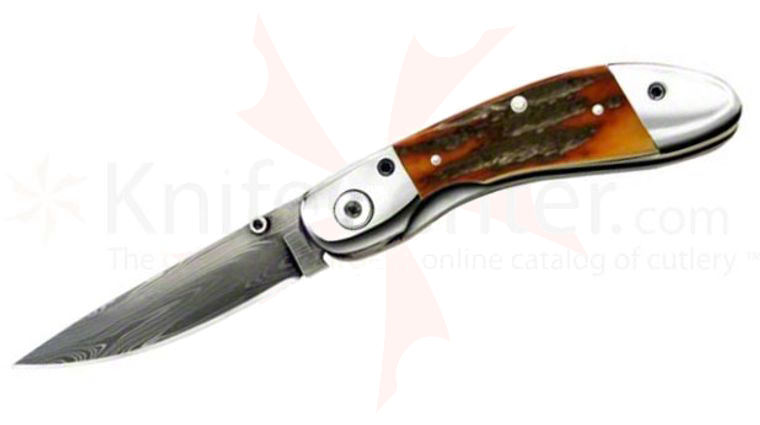Queen Ranger Gentlemans Folding Knife 2.5 inch Damascus Blade, Bone Handles