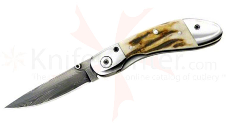 Queen Ranger Gentlemans Folding Knife 2.5 inch Damascus Blade, Stag Handles