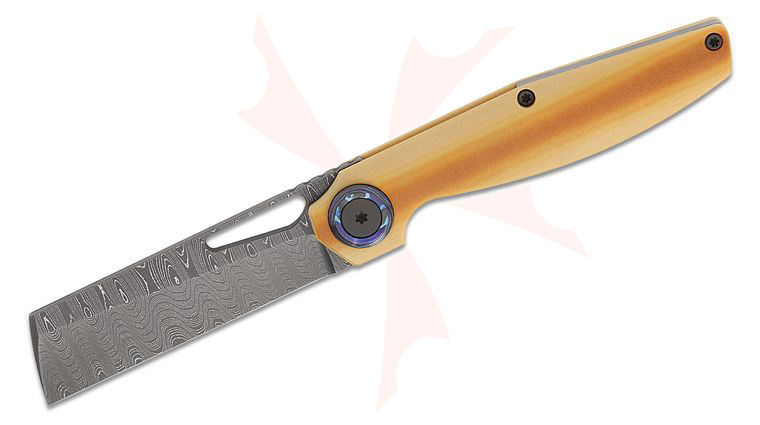 Carver Made Custom Knives Custom Mini Rambler Flipper Knife 3.25 inch Nichols Ladder Damascus Cleaver Blade, Westinghouse Ivorite Dark Bark Micarta Handles, Dark Timascus Hardware