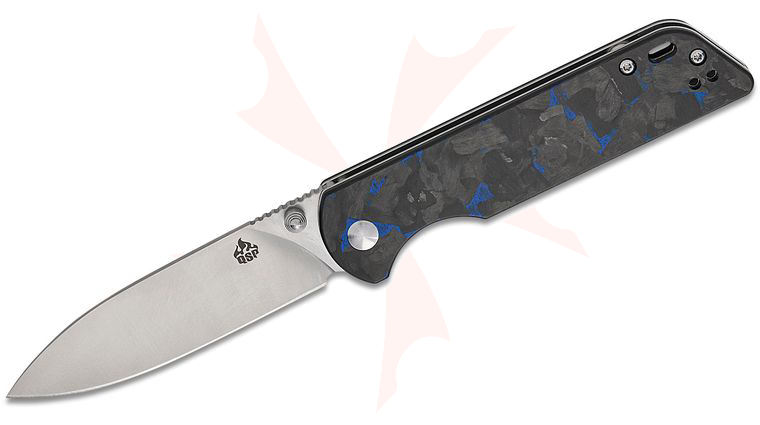 QSP Knives Parrot V2 Folding Knife 3.25 inch D2 Satin Spear Point Blade, Black G10 Handles with Blue Shredded Carbon Fiber Overlay