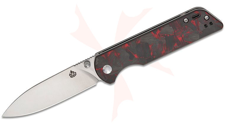 QSP Knives Parrot V2 Folding Knife 3.25 inch D2 Satin Spear Point Blade, Black G10 Handles with Red Shredded Carbon Fiber Overlay